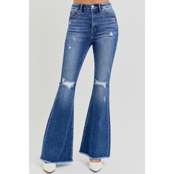 RISEN High Rise Distressed Raw Hem Flare Jeans - RDP5678 - Size 7/28 - Picture 1 of 6
